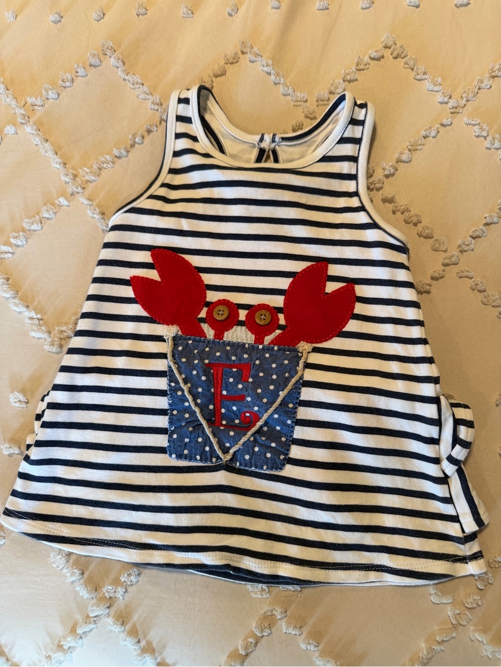 Mud Pie Navy & White Striped Tank with Red Crab with E monogram